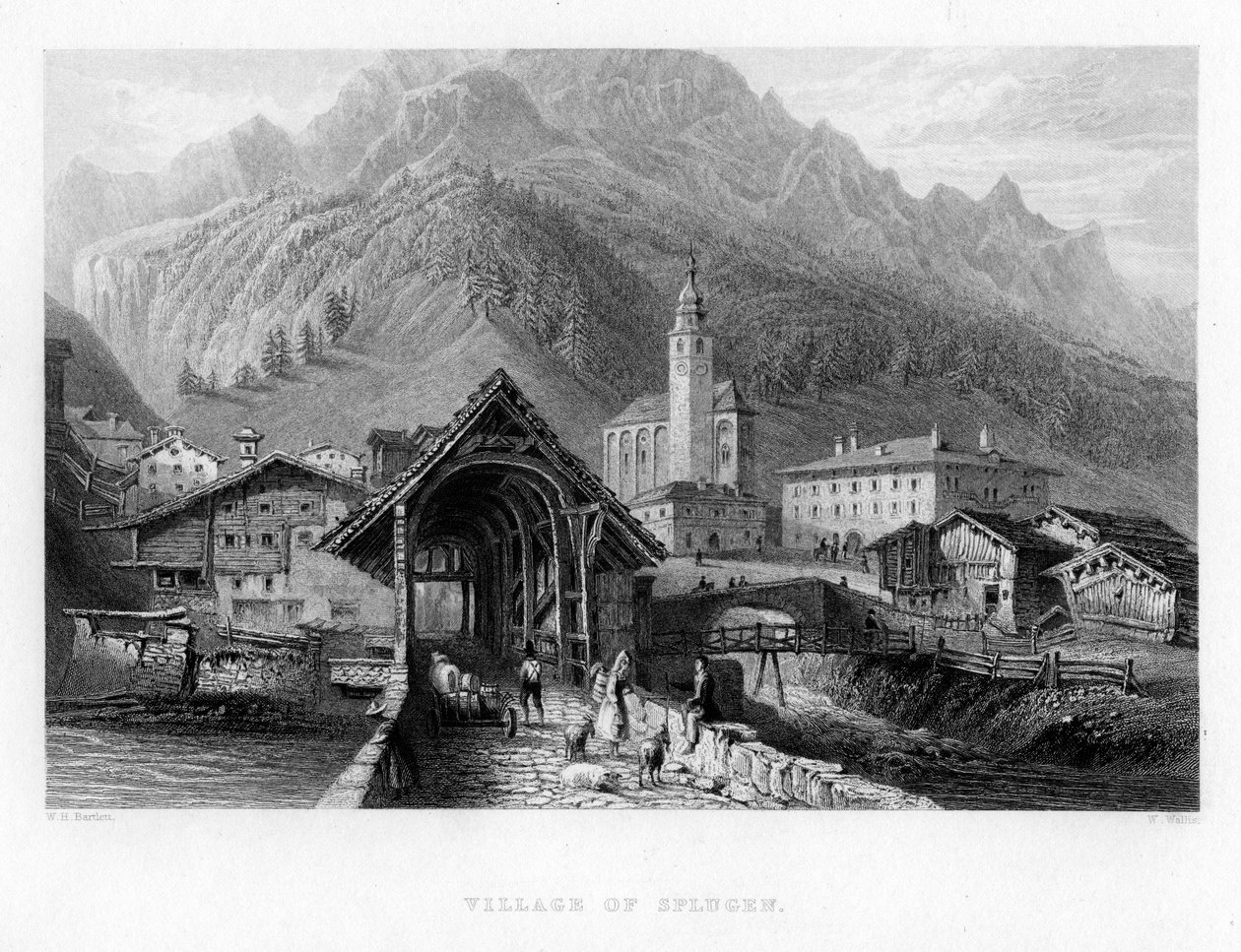 Dorp Splugen, Zwitserland, 1834 door W. Wallis