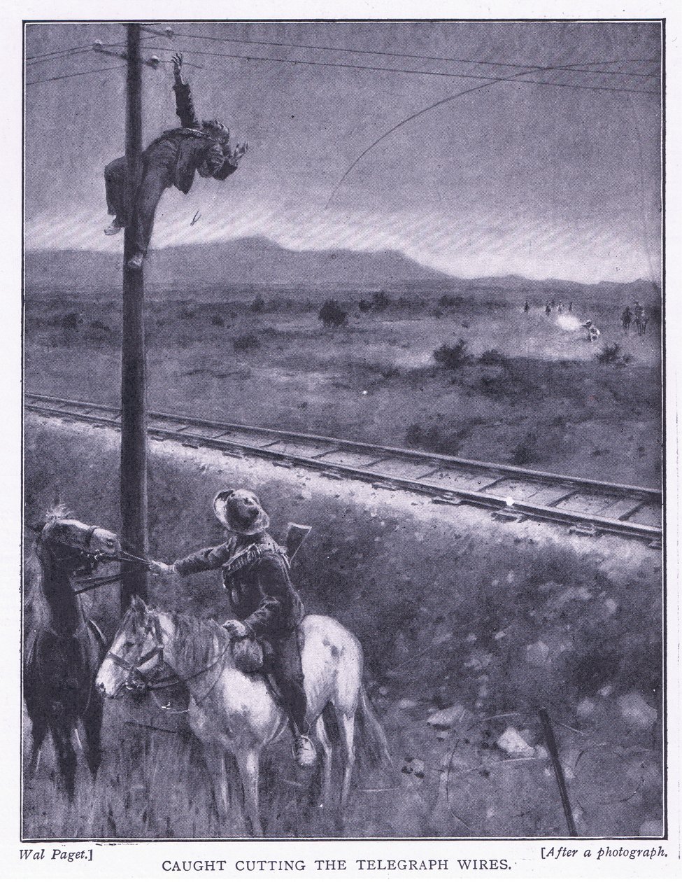 Betrapt bij het doorsnijden van de draden, illustratie uit Na Pretoria: De Guerrillaoorlog, 1902 door Wal Paget