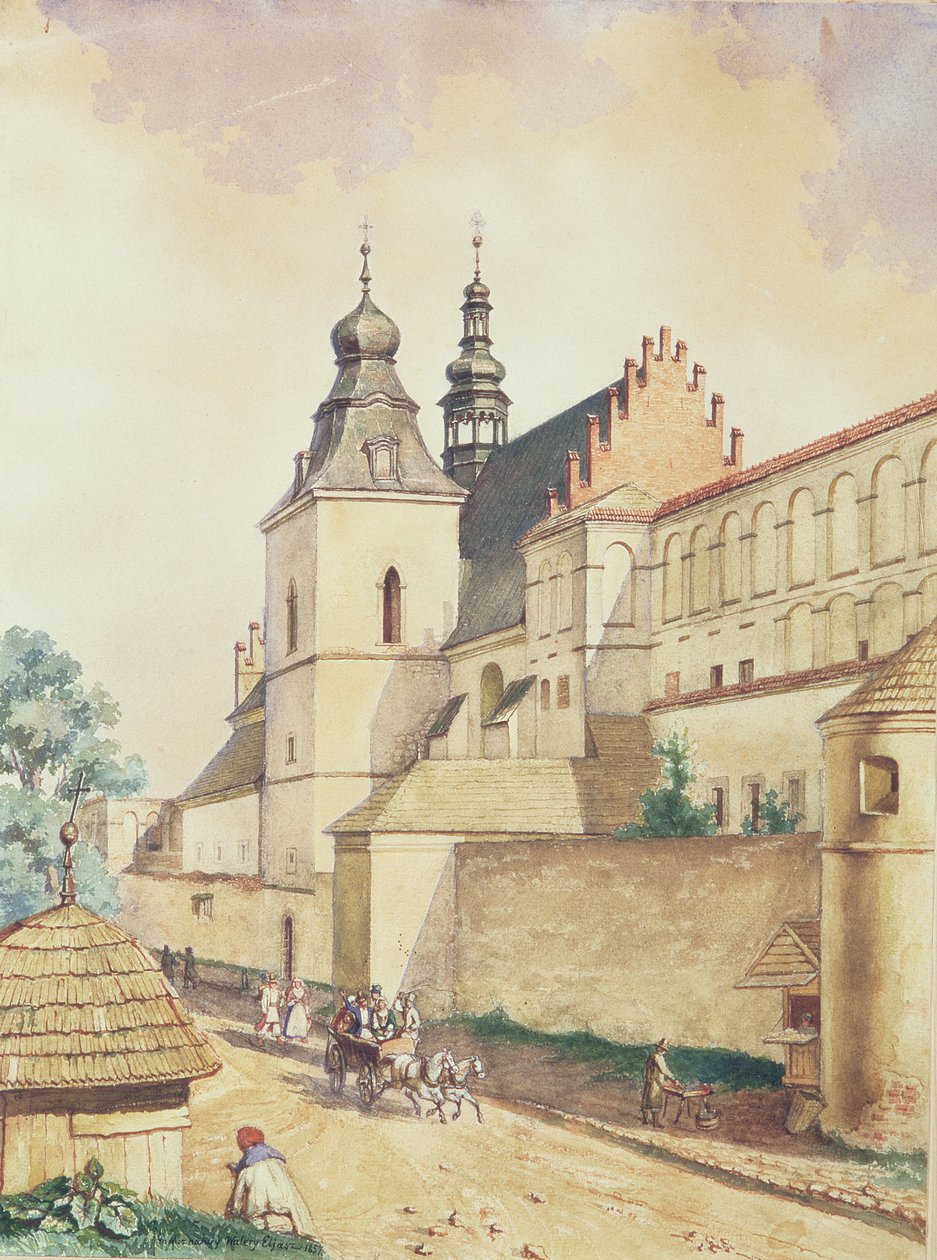 Voor het Norbertijnenklooster, Kozienice, 1857 door Walery Eljasz Radzikowski