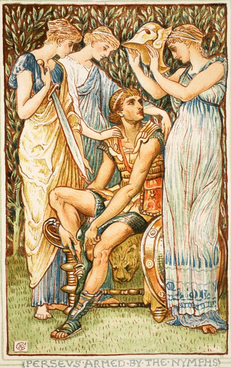 Perseus bewapend door de Nimfen, illustratie uit 