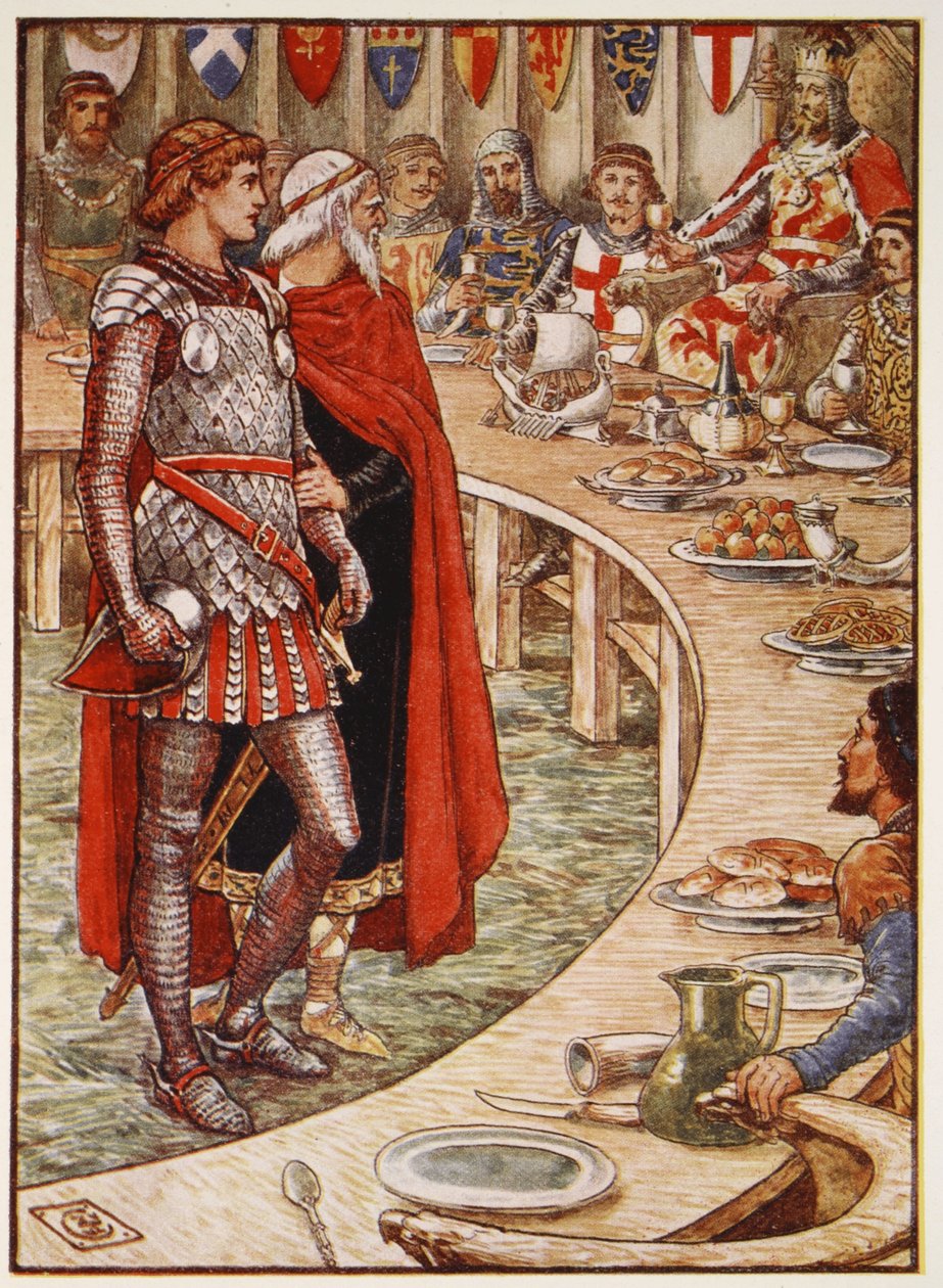 Sir Galahad wordt naar het hof van koning Arthur gebracht, uit 