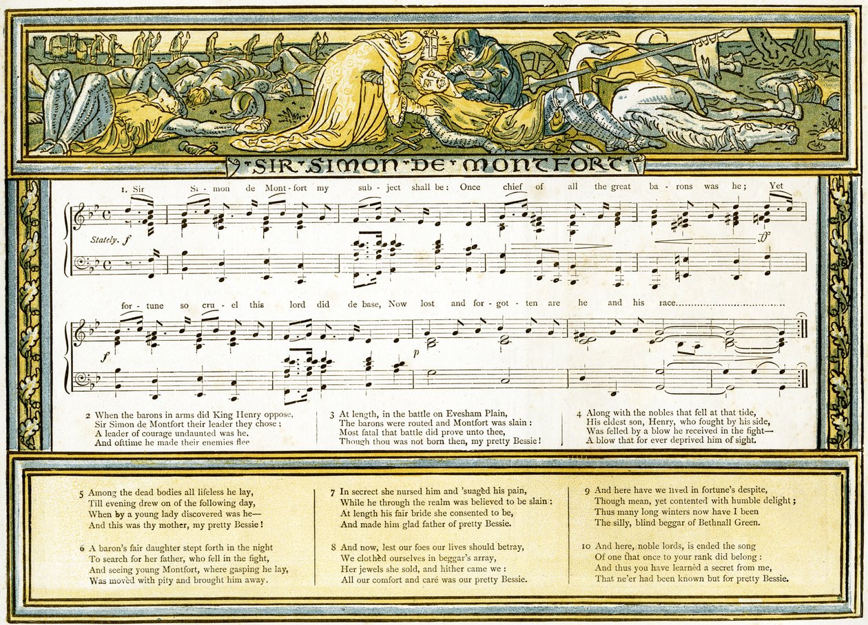 Sir Simon de Montfort, liedillustratie uit Pan-Pipes, A Book of Old Songs, Newly Arranged and with Accompaniments by Theo. Marzials, gepubliceerd in Londen door George Routledge en Sons, 1884 door Walter Crane