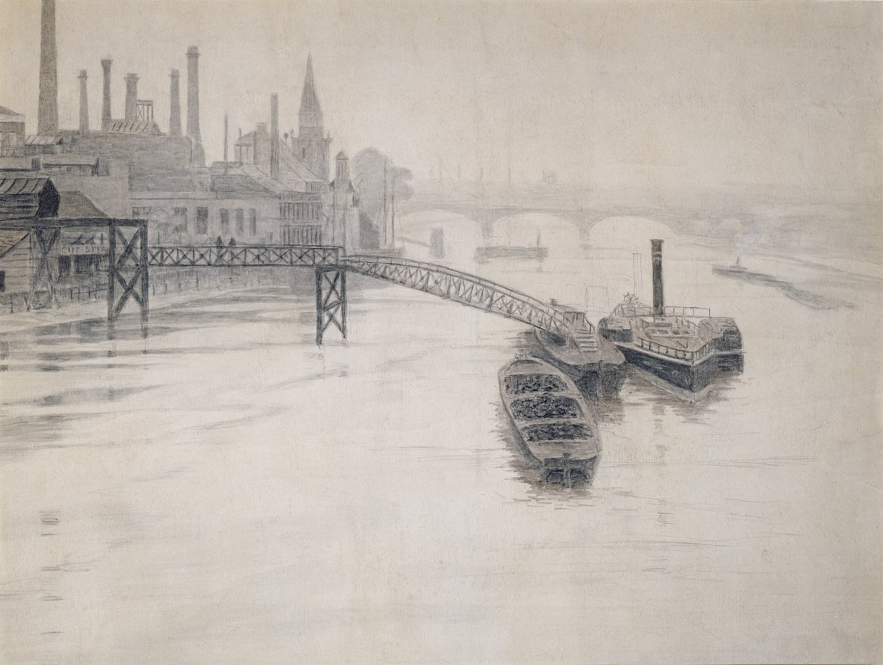 Uitzicht op de Theems, City Stream Company Jetty, Battersea Power Station door Walter Greaves