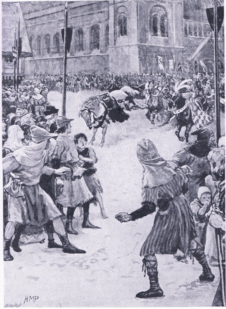 Een incident in de kroningsceremonies van Edward I in Westminster, uit Cassells History of the British People gepubliceerd door de Waverley Book Company Limited, ca. 1940 door Walter Paget