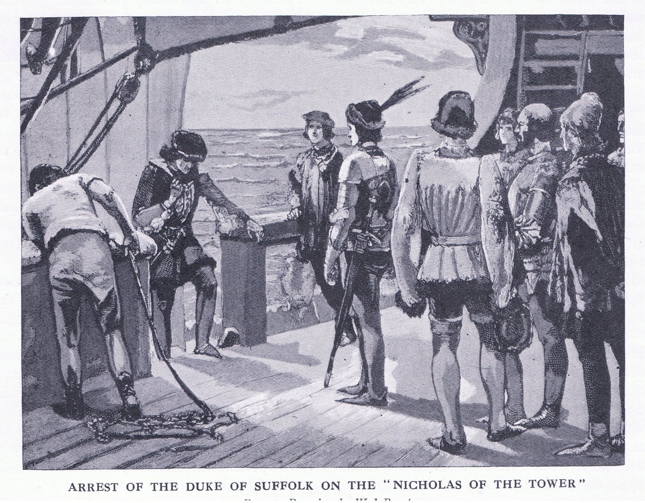 Arrestatie van de hertog van Suffolk op de Nicholas of the Tower, uit Cassells History of the British People gepubliceerd door de Waverley Book Company Limited, ca. 1940 door Walter Paget