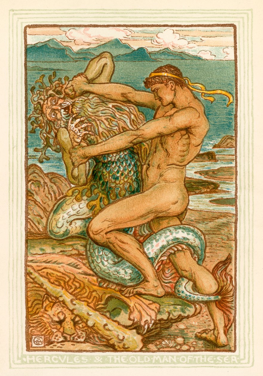 Hercules en de oude man van de zee (kleurenlitho) door Walter (after) Crane