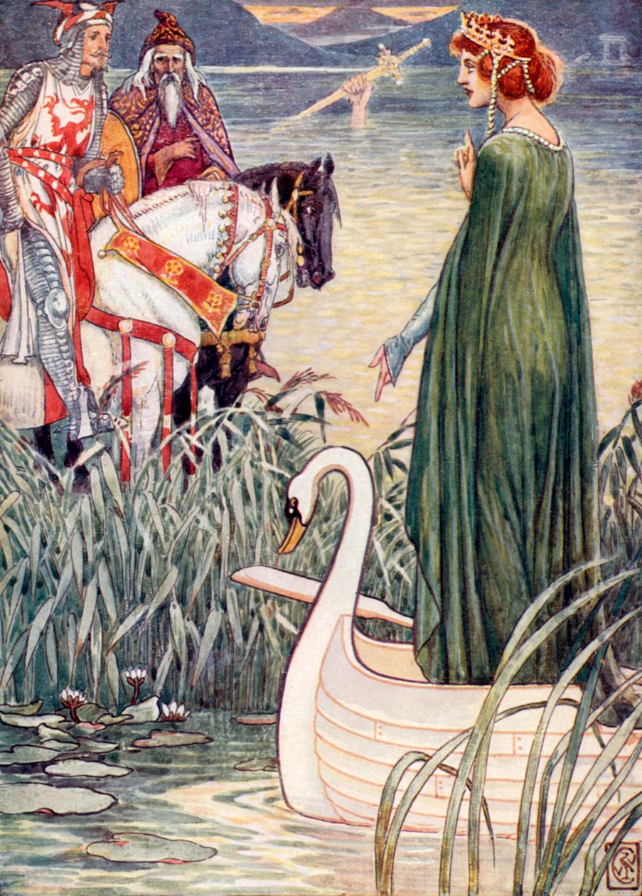 Koning Arthur vraagt de Vrouwe van het Meer om het zwaard Excalibur (kleurenlitho) door Walter (after) Crane