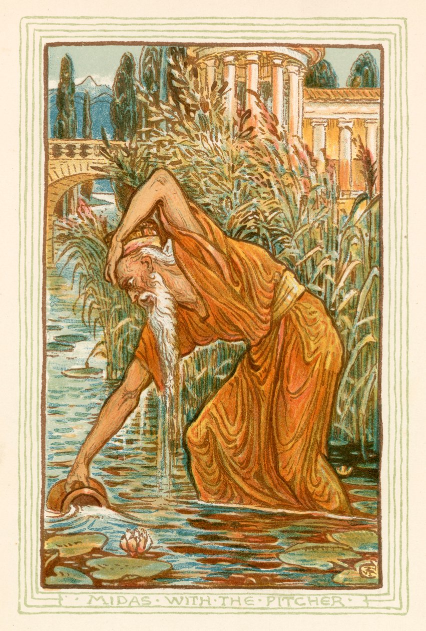 Midas met de kruik (kleurenlitho) door Walter (after) Crane