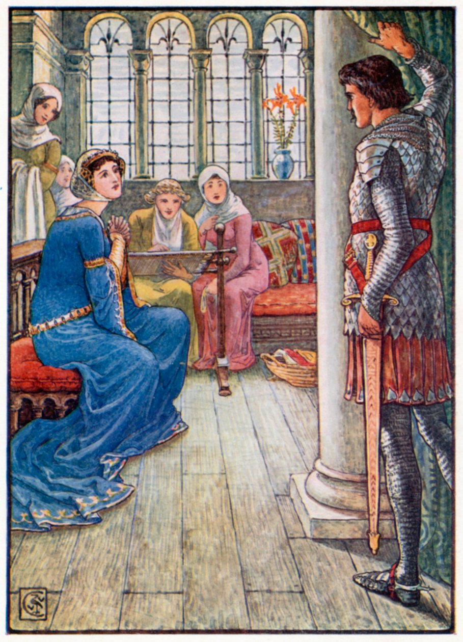 Sir Owen begroet de dame van de fontein (kleurenlitho) door Walter (after) Crane