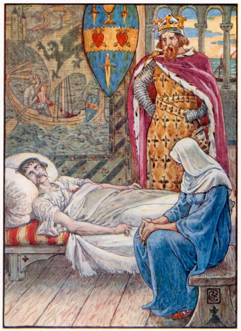 De heks geeft advies over de wond van Sir Tristram (kleurenlitho) door Walter (after) Crane