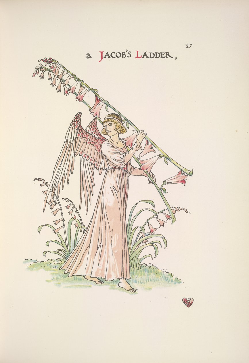 Een Jacobsladder. Een engel die een ladder van planten vasthoudt door Walter Crane
