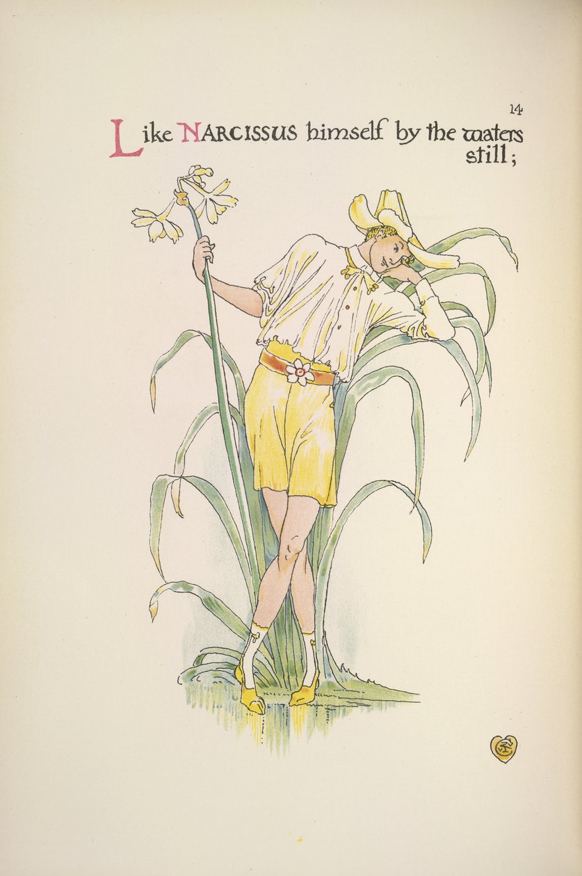 Bij het stille water. Een jonge man die aan de waterkant staat door Walter Crane