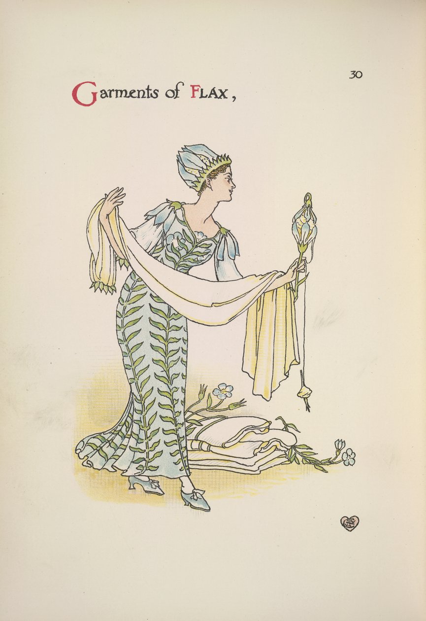 Kleding van vlas. Een vrouw die een sjaal vasthoudt door Walter Crane