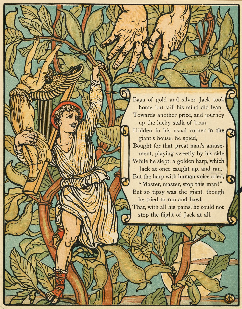 Jack daalt de bonenstaak af uit Jack en de Bonenstaak, uitgegeven 1875 door Walter Crane
