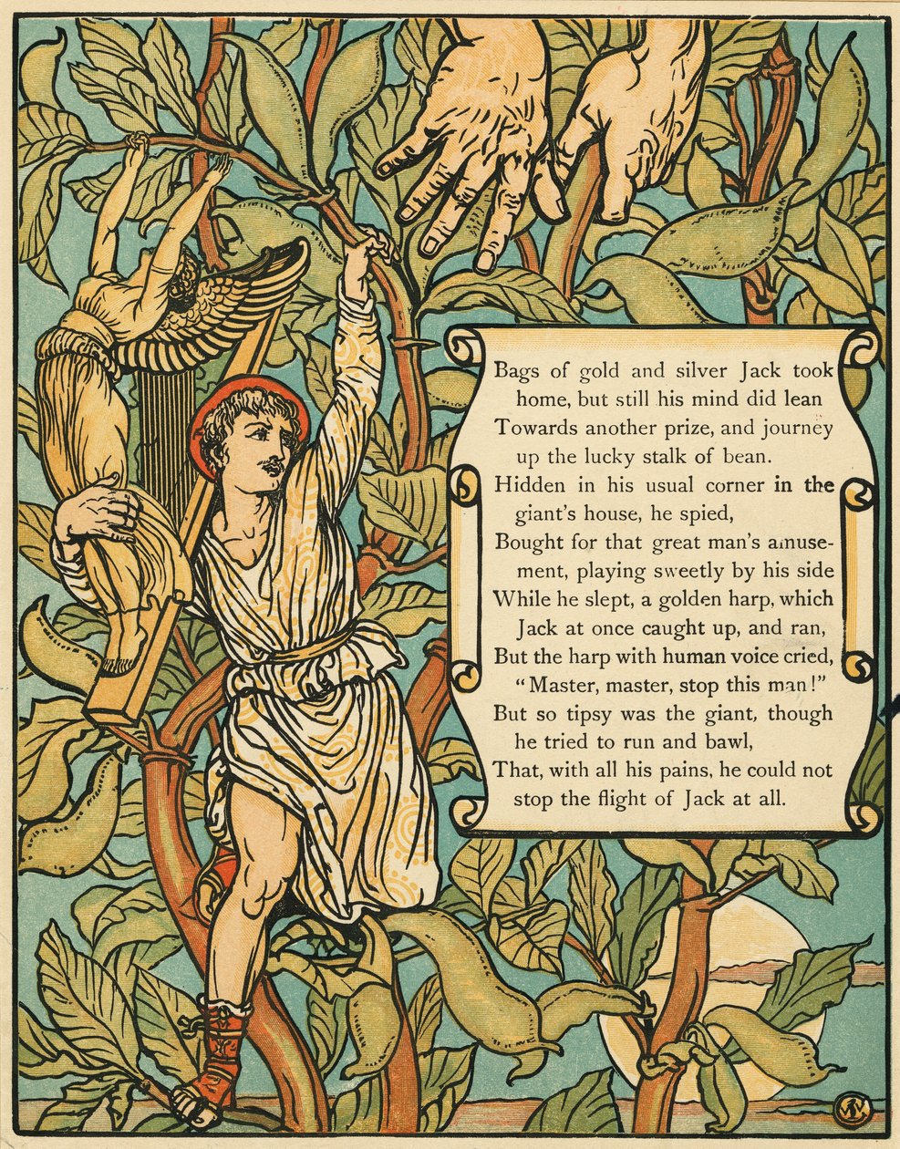 Jack daalt de Bonenstaak af uit Jack en de Bonenstaak pub. 1875 kleurenlithografie, 1875 door Walter Crane