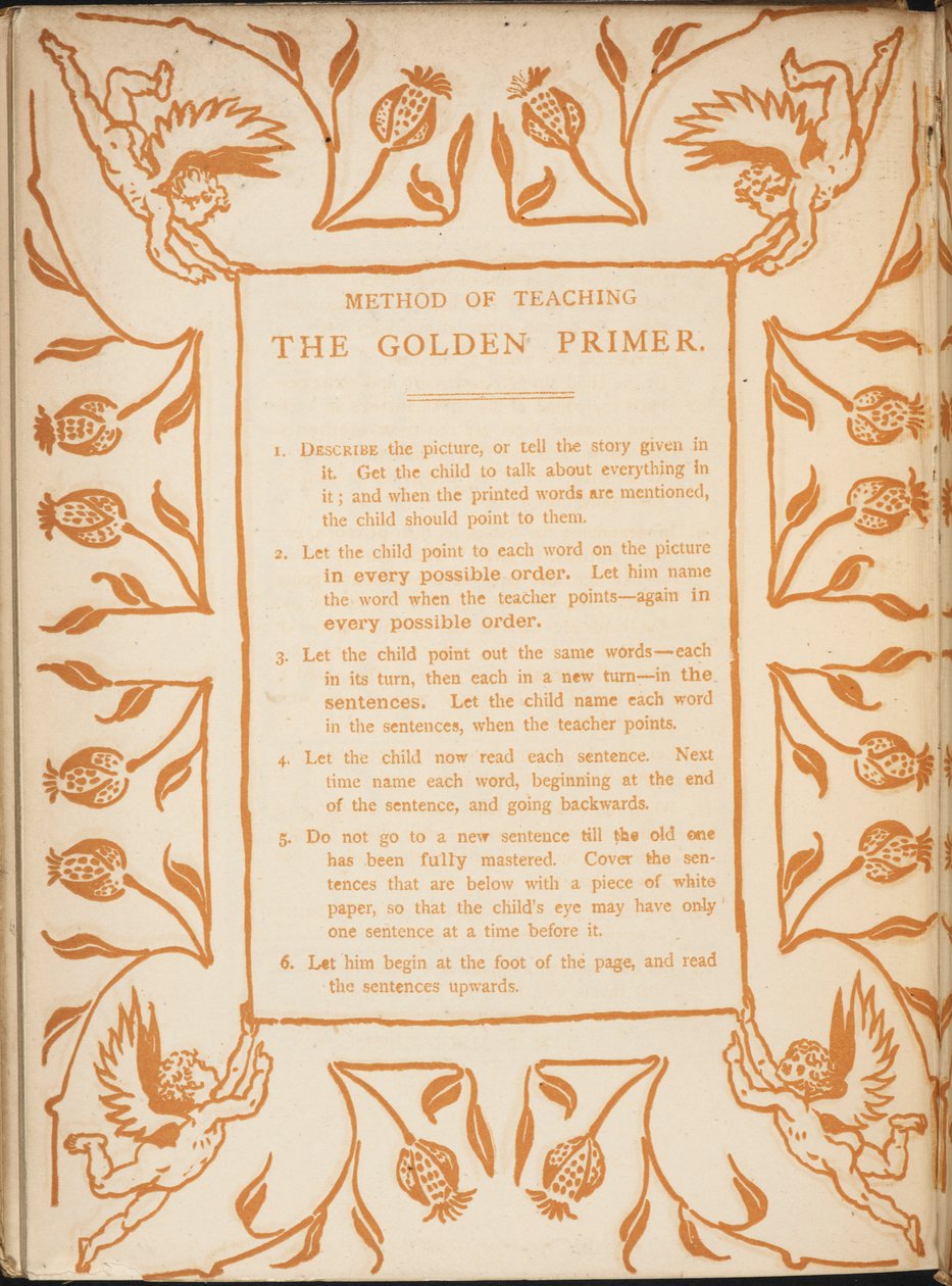 Methode om de Golden primer te onderwijzen. Bloemrijke randen met cherubijnen. door Walter Crane