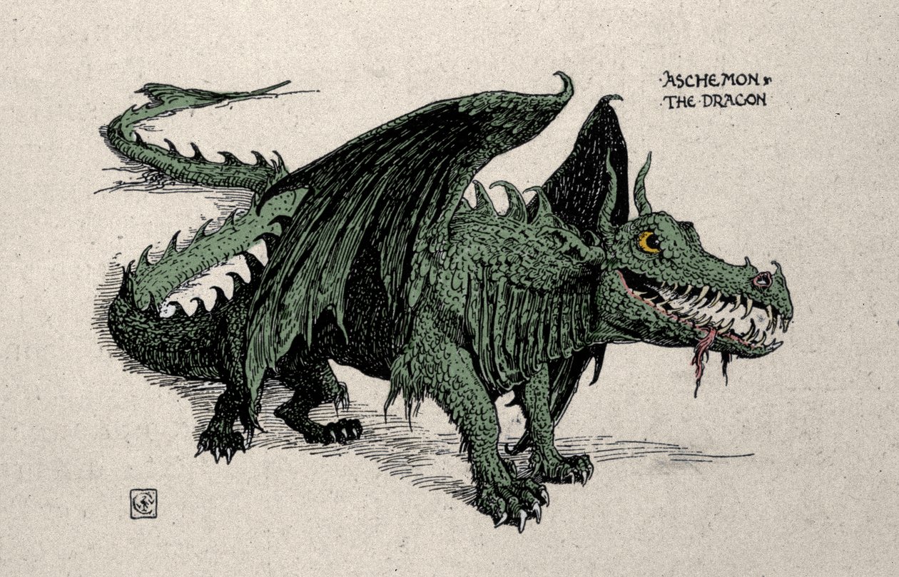 Voorstelling van de mythologische draak Ashchemon - Tekening door Walter Crane uit 1899 door Walter Crane