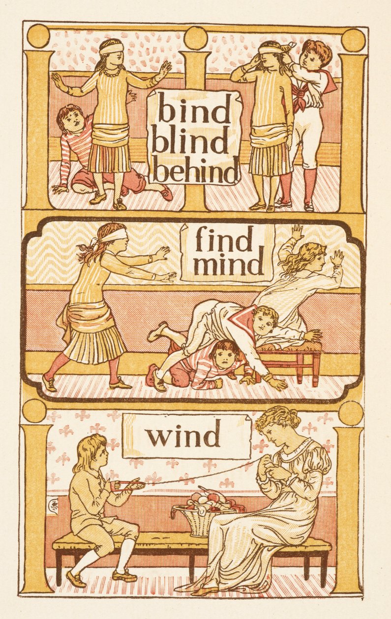 Rijmwoorden eindigend op de letter D. Een spelletje blindemannetje. De Gouden primer. door Walter Crane