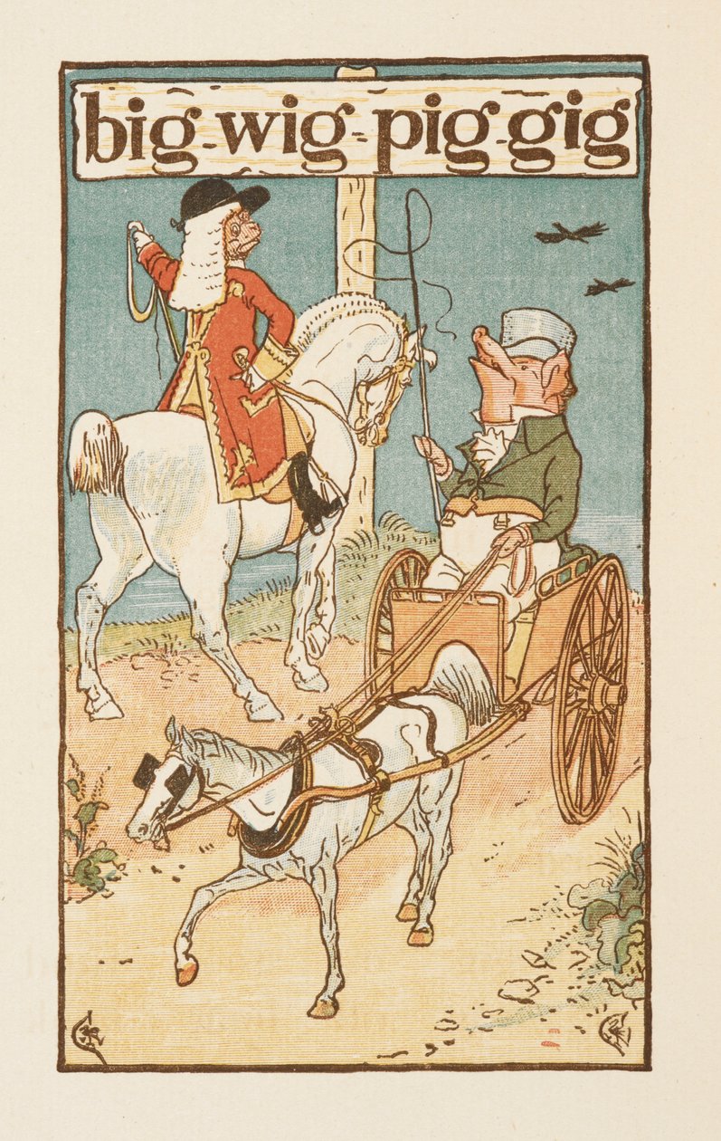 Rijmwoorden eindigend op de letter G. Een illustratie van een varken dat op een paard rijdt, en een ander dat een kar bestuurt. De Gouden primer. door Walter Crane