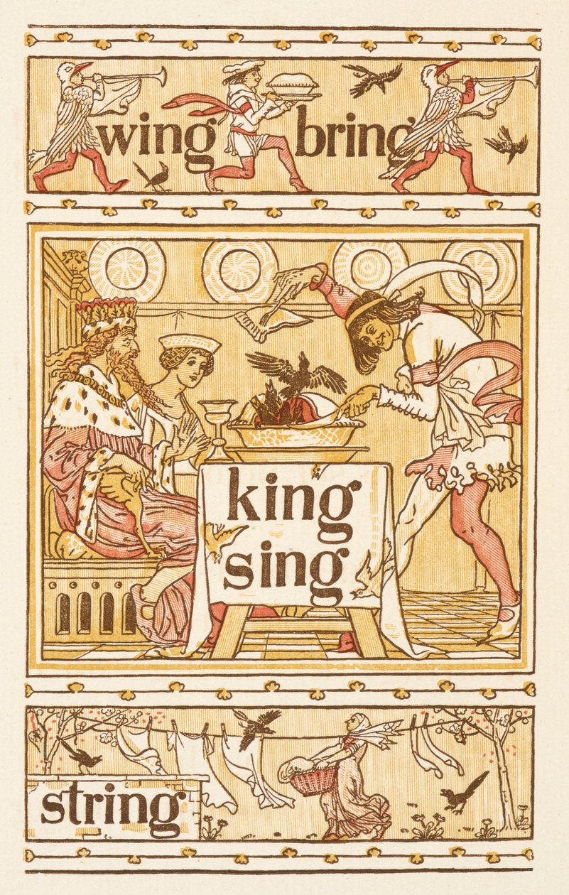 Rijmwoorden eindigend op de letter G. Merels in een taart. Een waslijn. The Golden primer. door Walter Crane
