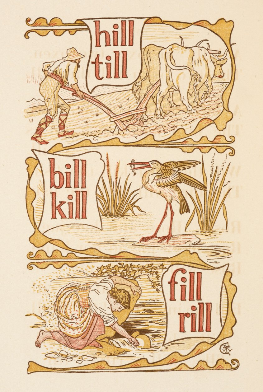 Rijmwoorden eindigend op de letter L. Ploegen. Een ooievaar. De Gouden primer. door Walter Crane