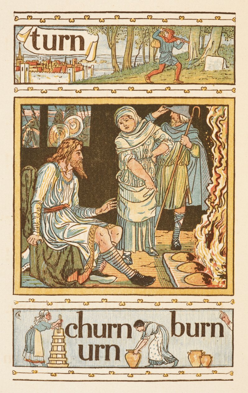 Rijmende woorden eindigend op de letter N. Een illustratie, mogelijk koning Alfred en de brandende taarten tonend. De Gouden primer. door Walter Crane