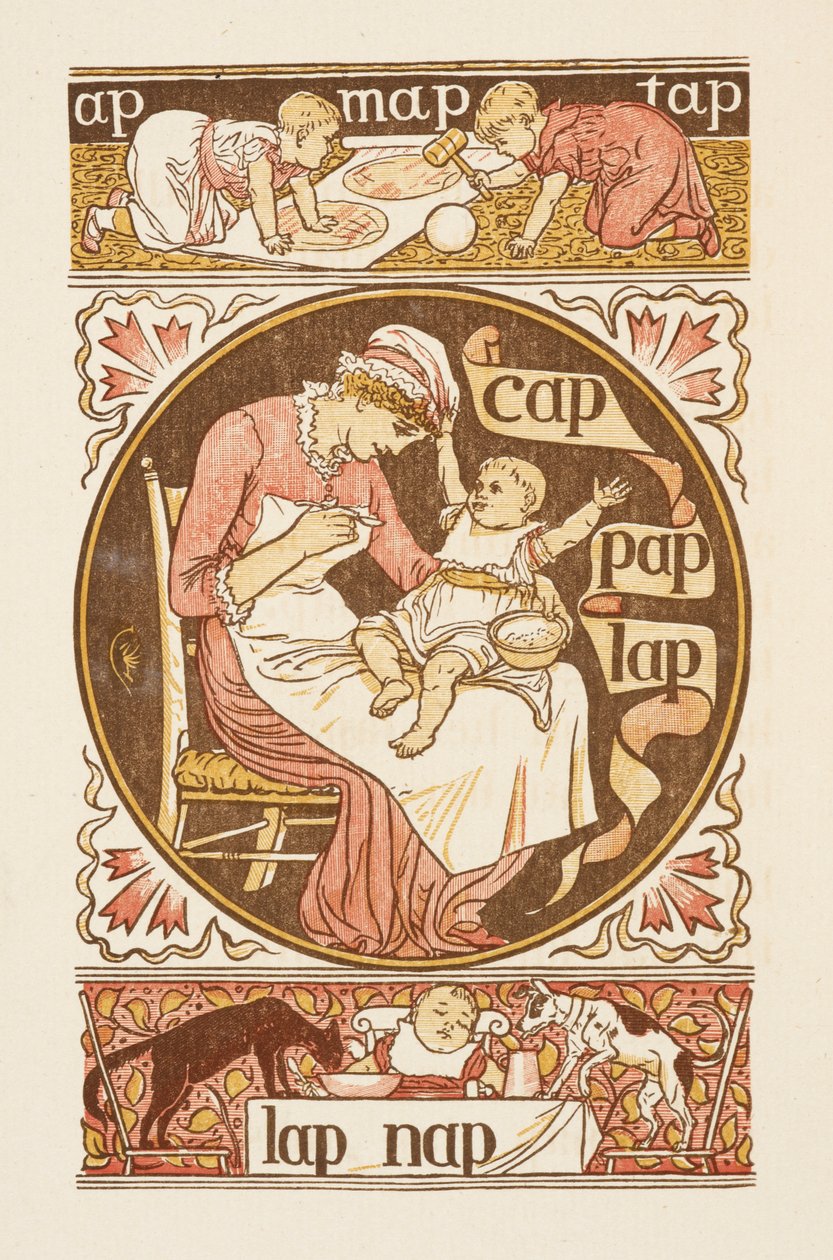 Rijmwoorden eindigend op de letter P. Een illustratie, die een vrouw toont die een kind voedt. The Golden primer. door Walter Crane