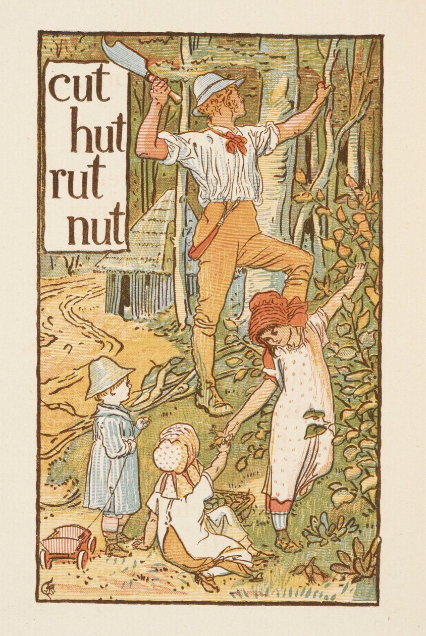 Rijmwoorden eindigend op de letter T. Een illustratie, die een man toont die een boom omhakt. Drie kinderen zijn bij hem. The Golden primer. door Walter Crane