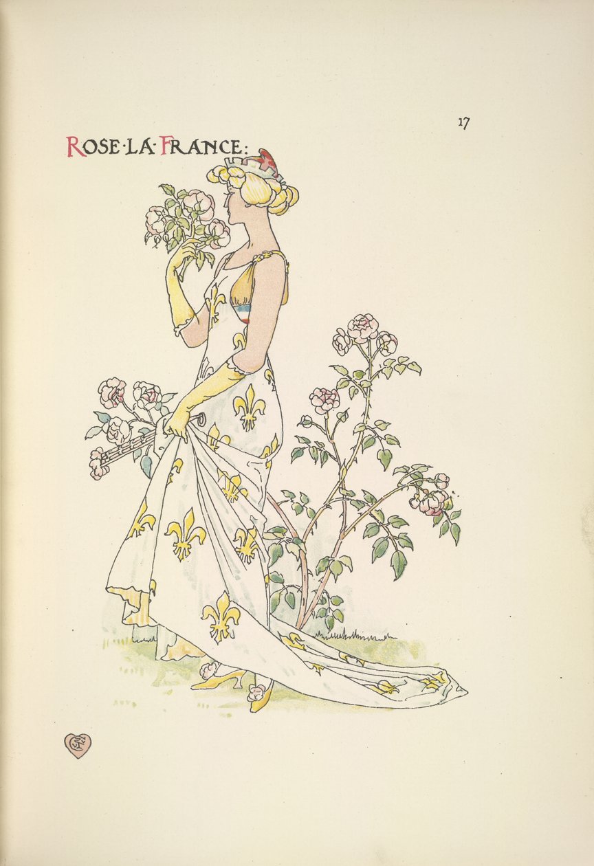 Roos La France. Een jonge vrouw die aan een boeket bloemen ruikt door Walter Crane
