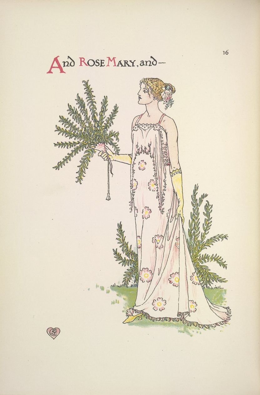 Rose Mary. Een jonge vrouw die een plant vasthoudt door Walter Crane
