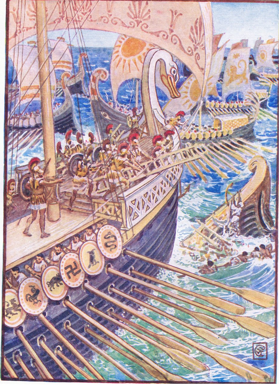 Schip tegen schip geslagen, tot de Perzische doden de diepte bezaaiden als bloemen, illustratie uit Het Verhaal van Griekenland, 1930s door Walter Crane