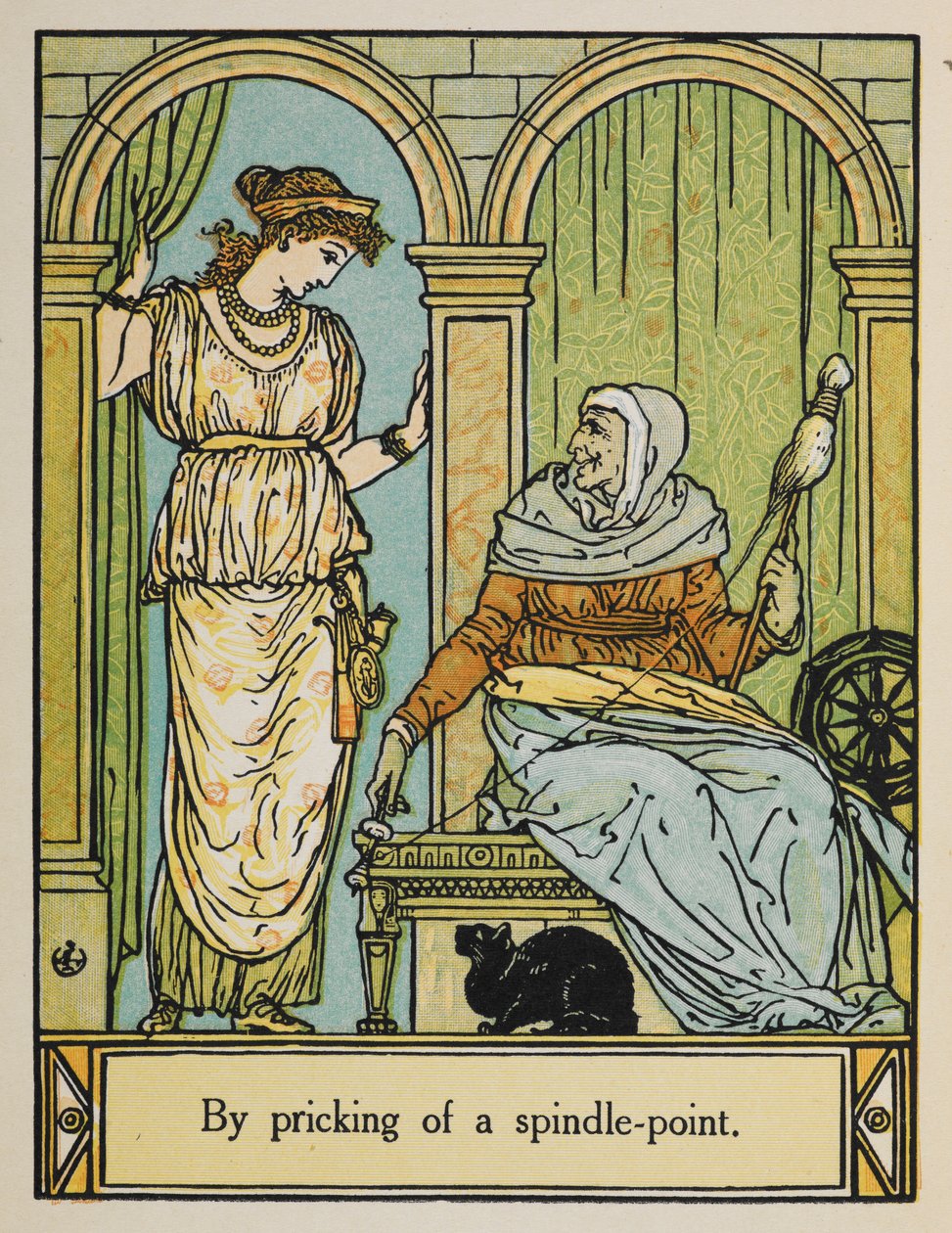 Doornroosje staat naast een oude vrouw met een spinnewiel en draad. Een zwarte kat zit eronder door Walter Crane