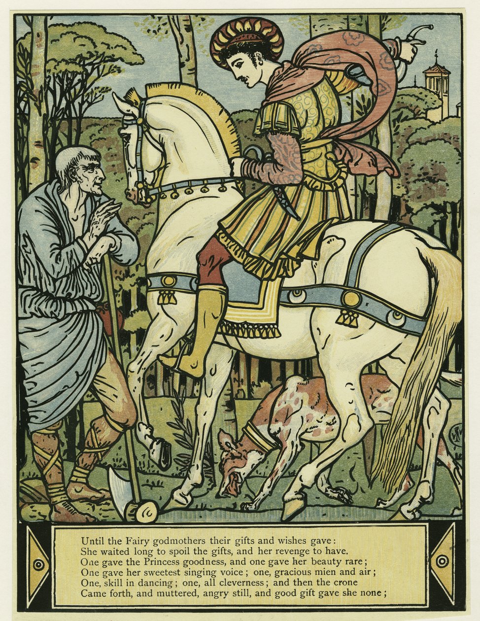 De Prins vraagt de weg, uit Het Blauwbaard Prentenboek, uitgegeven 1879 door Walter Crane