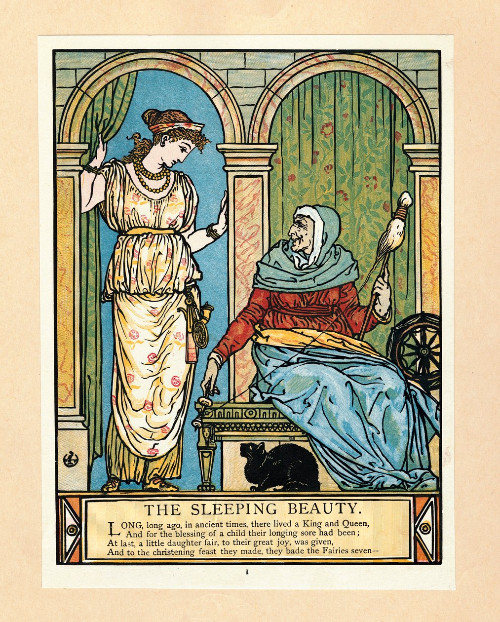 De prinses leert spinnen, uit Het Blauwe Baard Prentenboek door Walter Crane