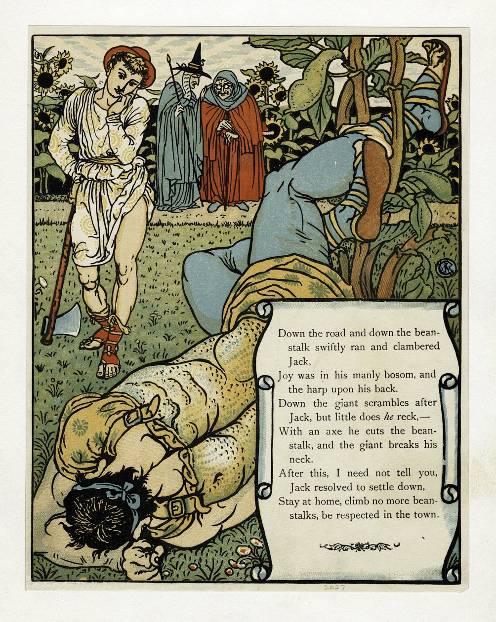 De reus breekt zijn nek, uit Het Blauwbaard Prentenboek, uitgegeven 1879 door Walter Crane