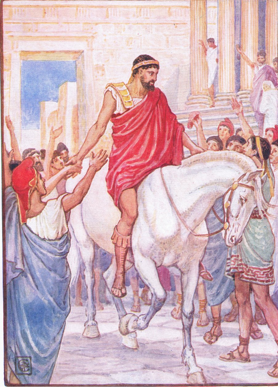 De menigte begroette hem met luide toejuichingen, illustratie uit The Story of Greece, 1930s door Walter Crane