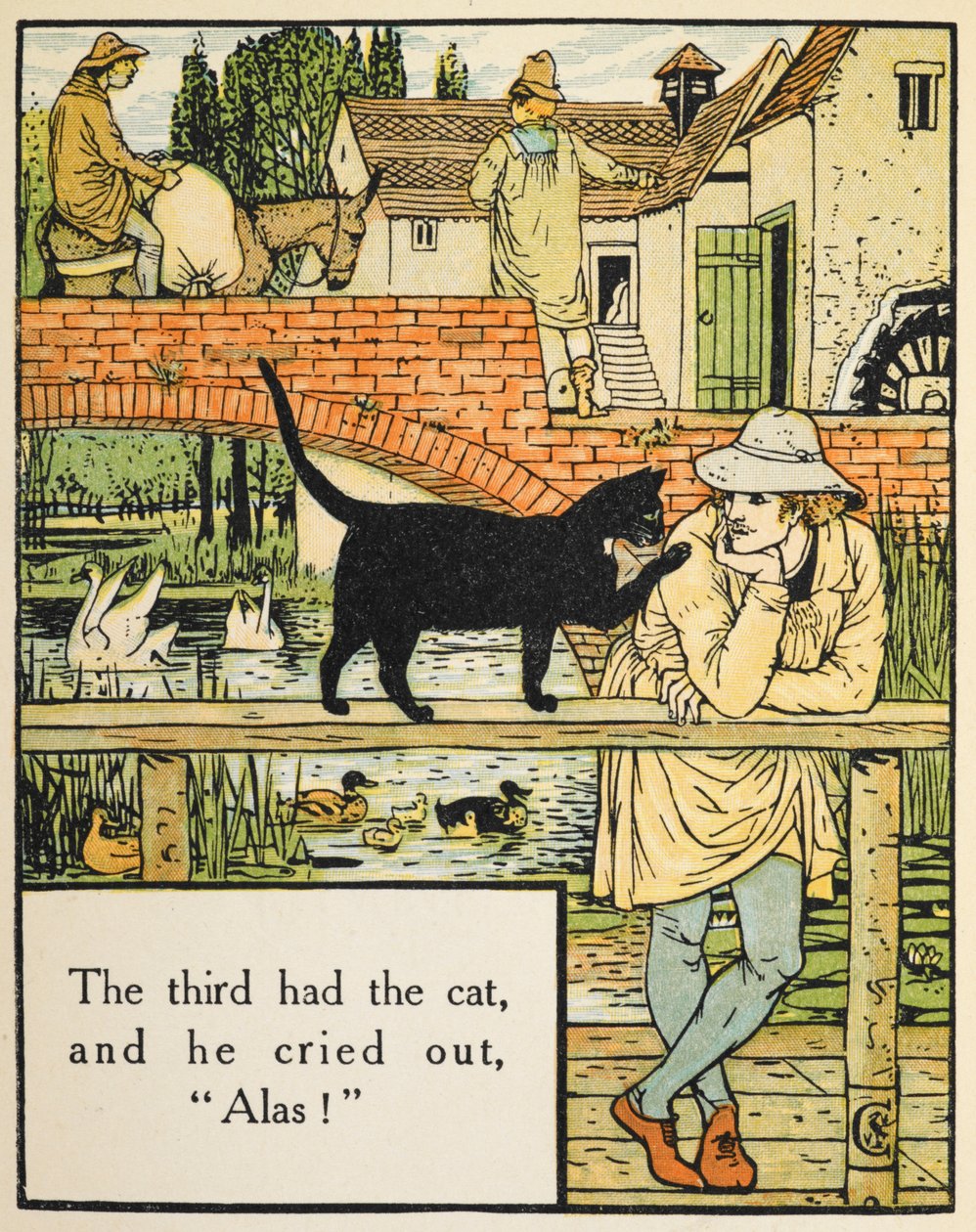 De derde had de kat, en hij riep: "ach!". De zoon van de molenaar en zijn kat door Walter Crane