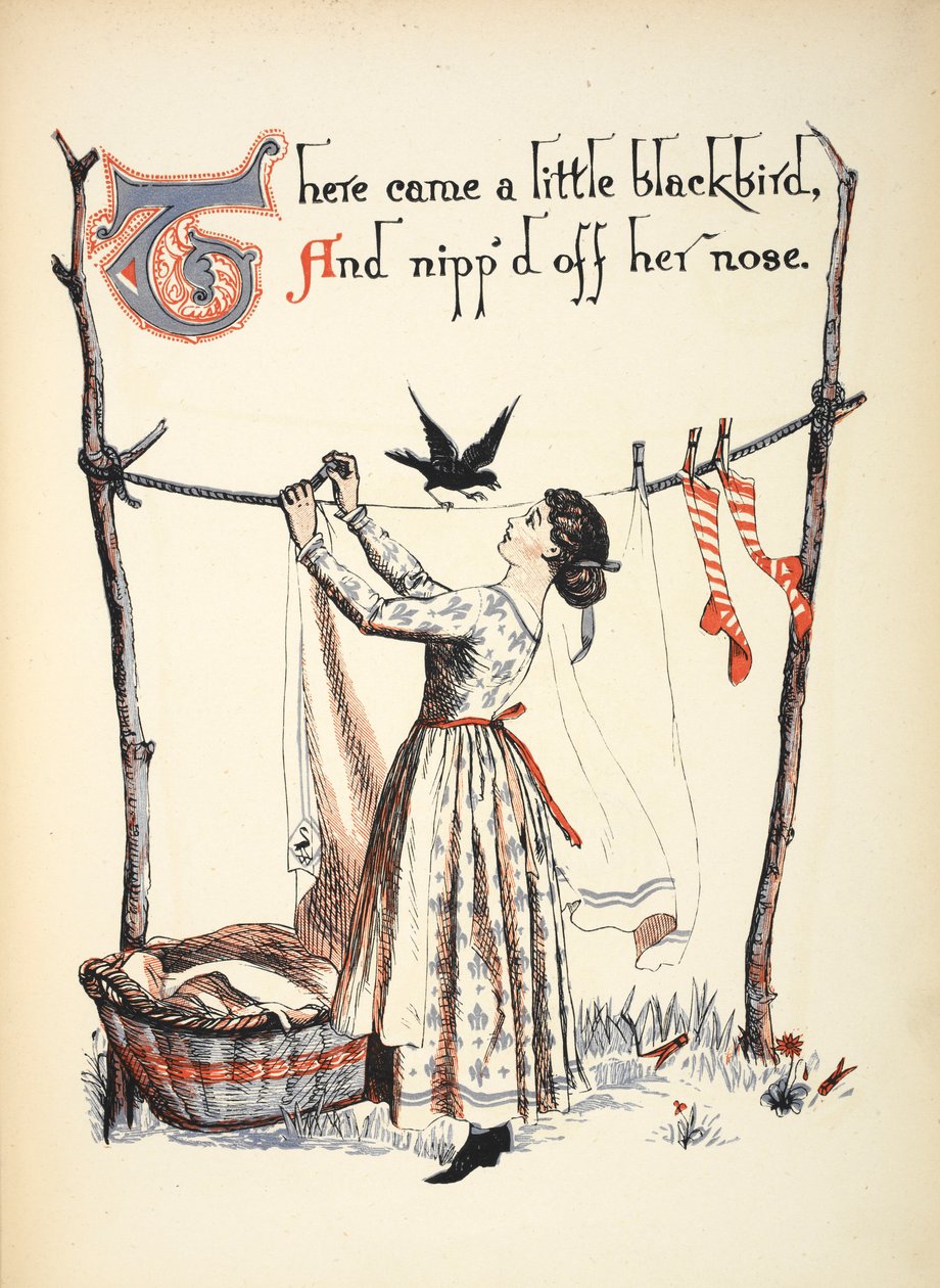 Er kwam een kleine merel, en knipte haar neus af. door Walter Crane