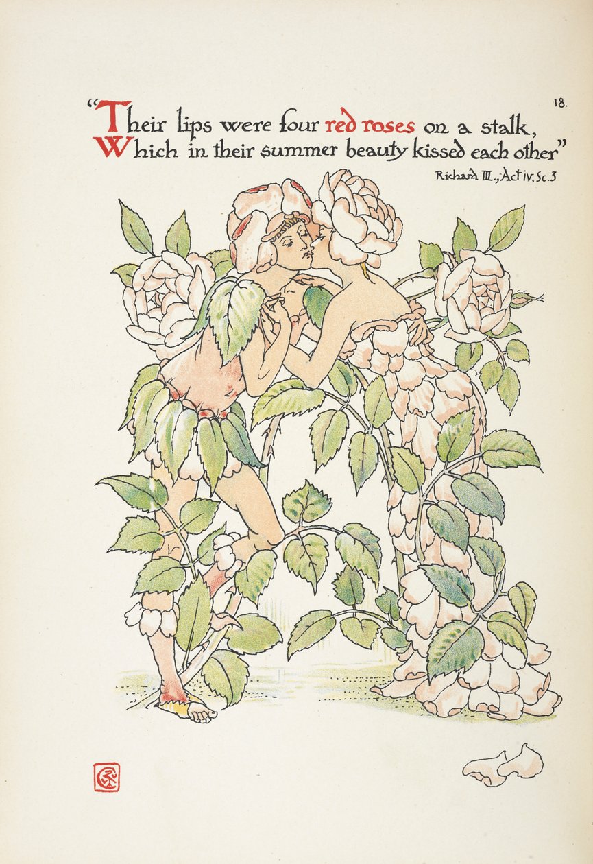 Twee figuren die kussen gekleed als rozen door Walter Crane