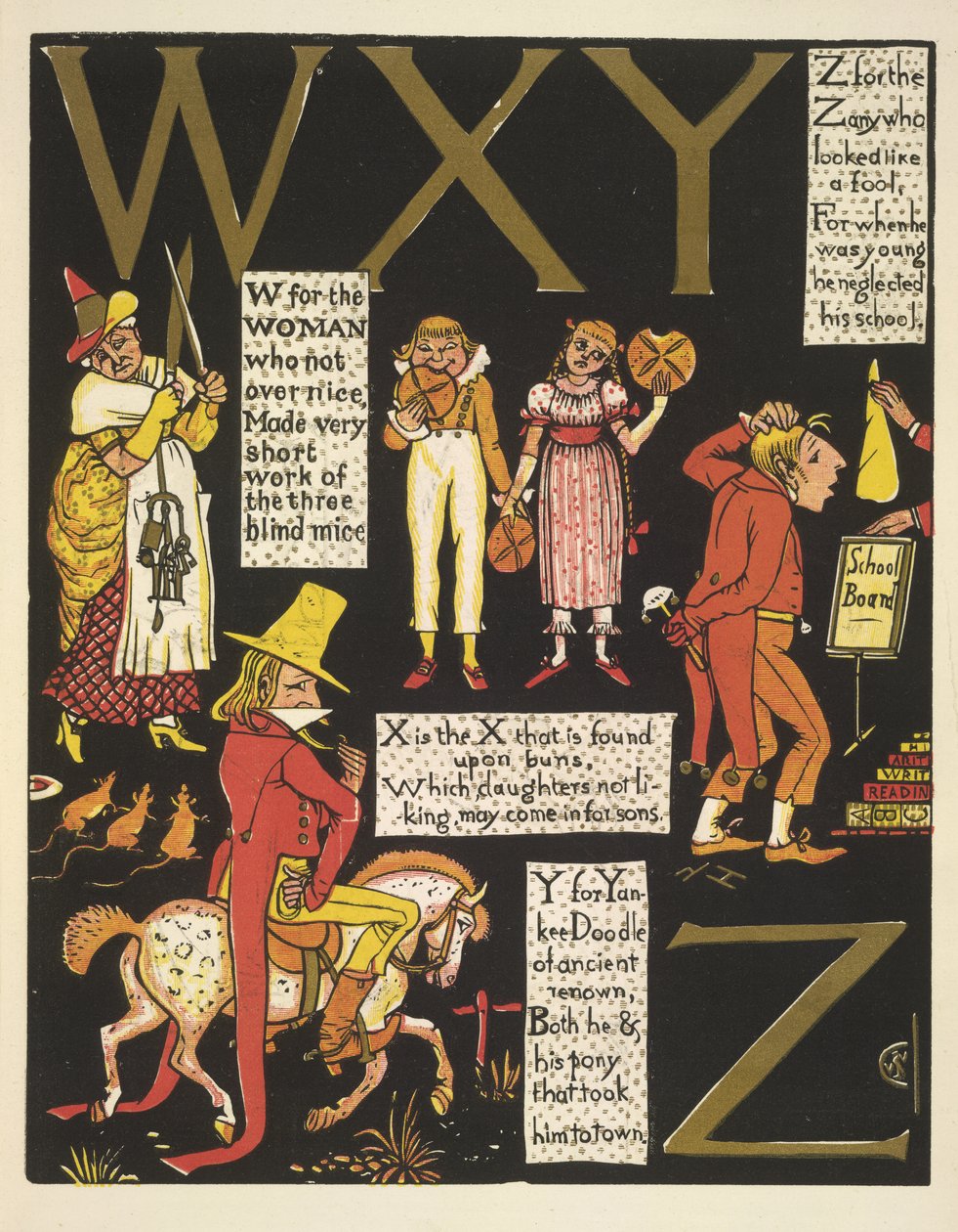 WXYZ- W voor de vrouw die niet al te aardig was; X is de X die op broodjes wordt gevonden; Y voor yankee doodle; en Z voor de zany die eruitzag als een dwaas door Walter Crane