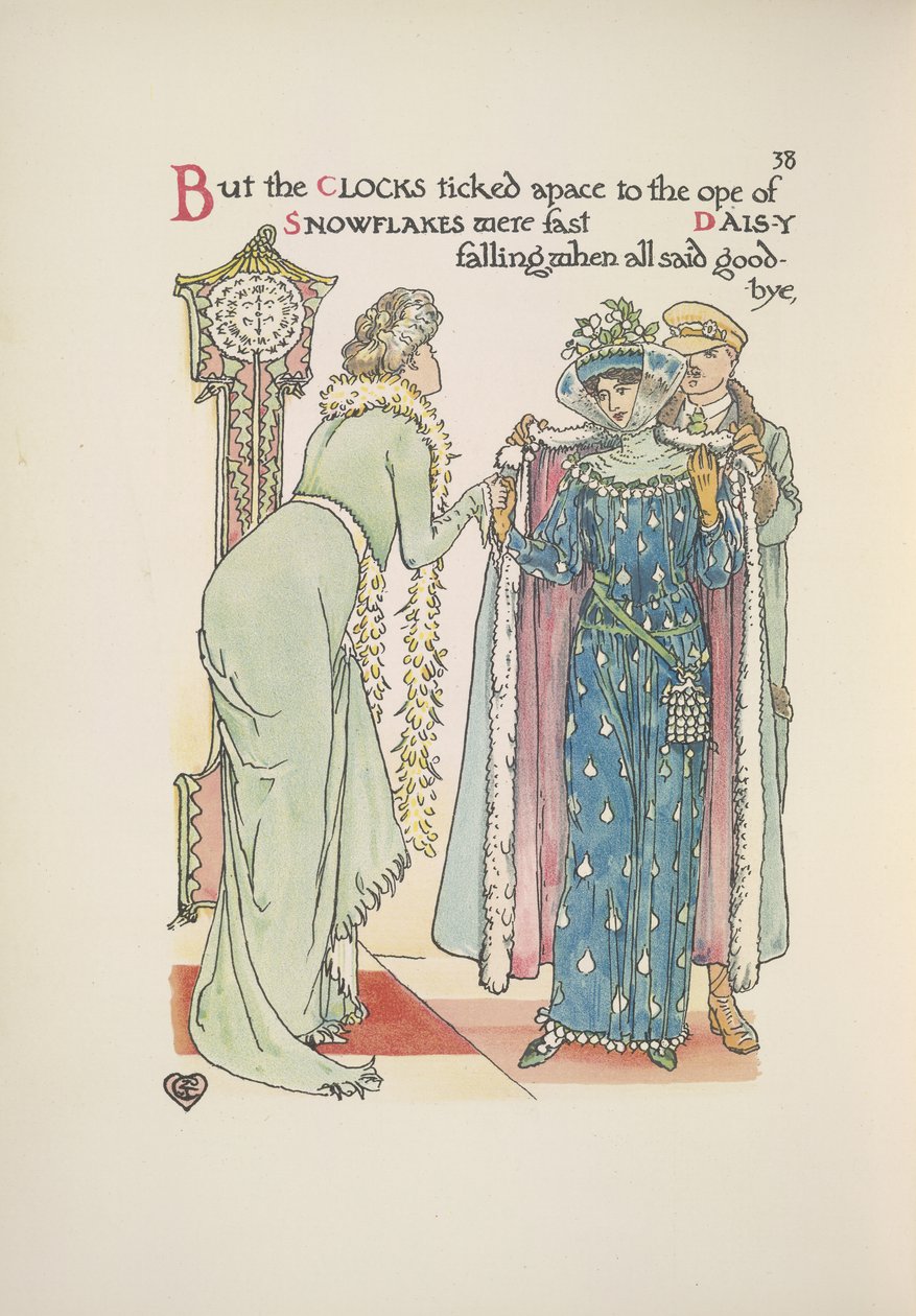 Bruiloftsgasten vertrekken. Een dame zegt gedag; een man helpt haar met haar jas door Walter Crane
