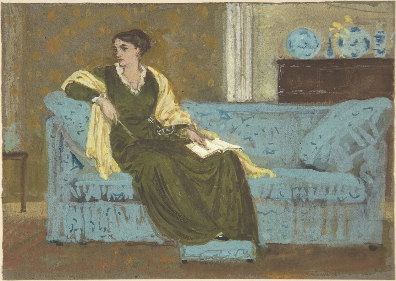 Vrouw zittend op een bank door Walter Crane