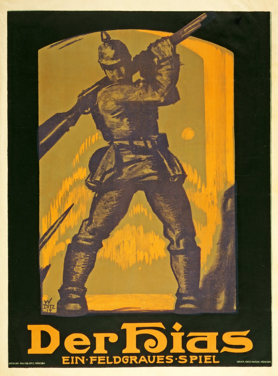Poster die een toneelstuk Der Hias, ein feldgraues Spiel van Heinrich Gilardone adverteert, gepubliceerd 1917 door Walter Ditz