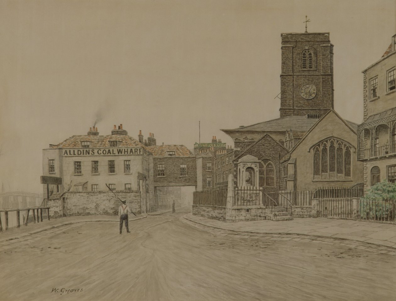 Alldins Kolenkade en Chelsea Oude Kerk, Londen door Walter Greaves