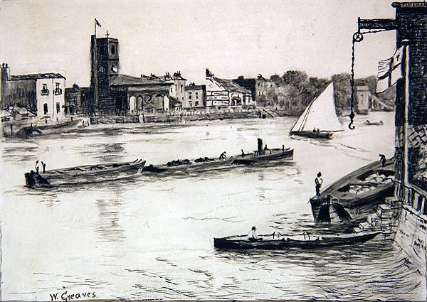 Oude Kerk van Chelsea vanuit Battersea door Walter Greaves