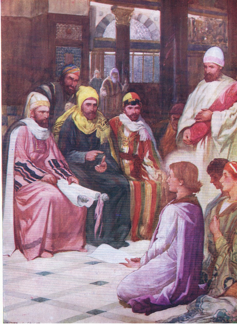 De jongen Jezus in de tempel, uit Het Bijbel Prentenboek uitgegeven door Thomas Nelson, ca.1950 door Walter Grieve