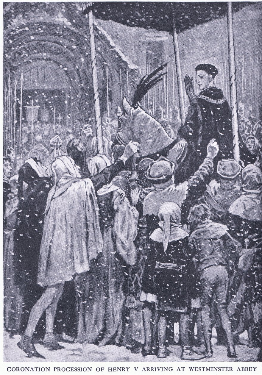 Kroningsprocessie van Hendrik V aankomend bij Westminster Abbey 1413, uit Cassells History of the British People gepubliceerd door de Waverley Book Company Limited, ca. 1940 door Walter Paget
