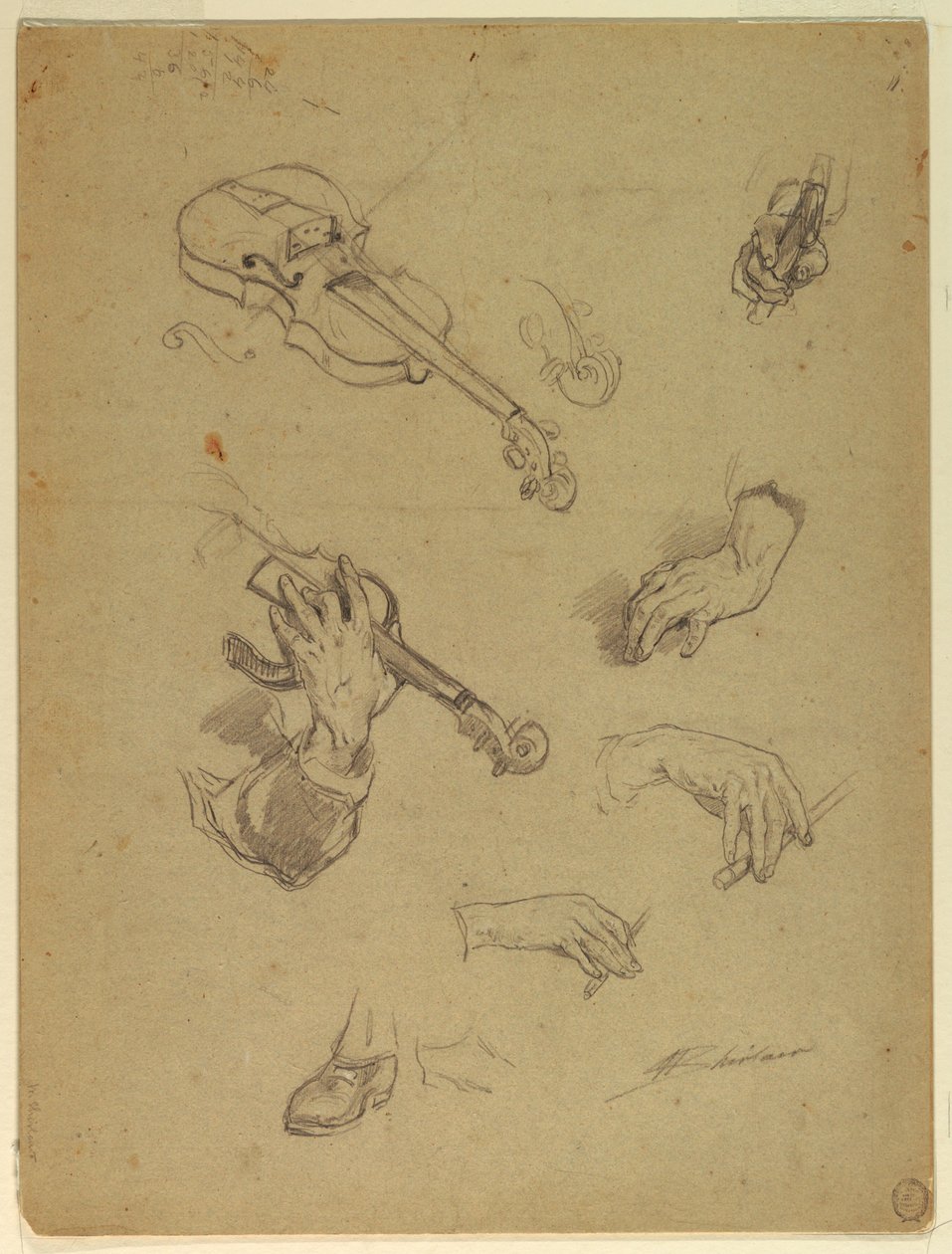 Tekening, Blad met studies van de handen van een vioolspeler, 1878 door Walter Shirlaw
