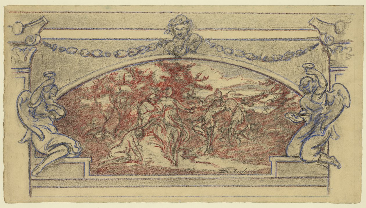 Studietekening voor een muurschildering met dansende figuren door Walter Shirlaw