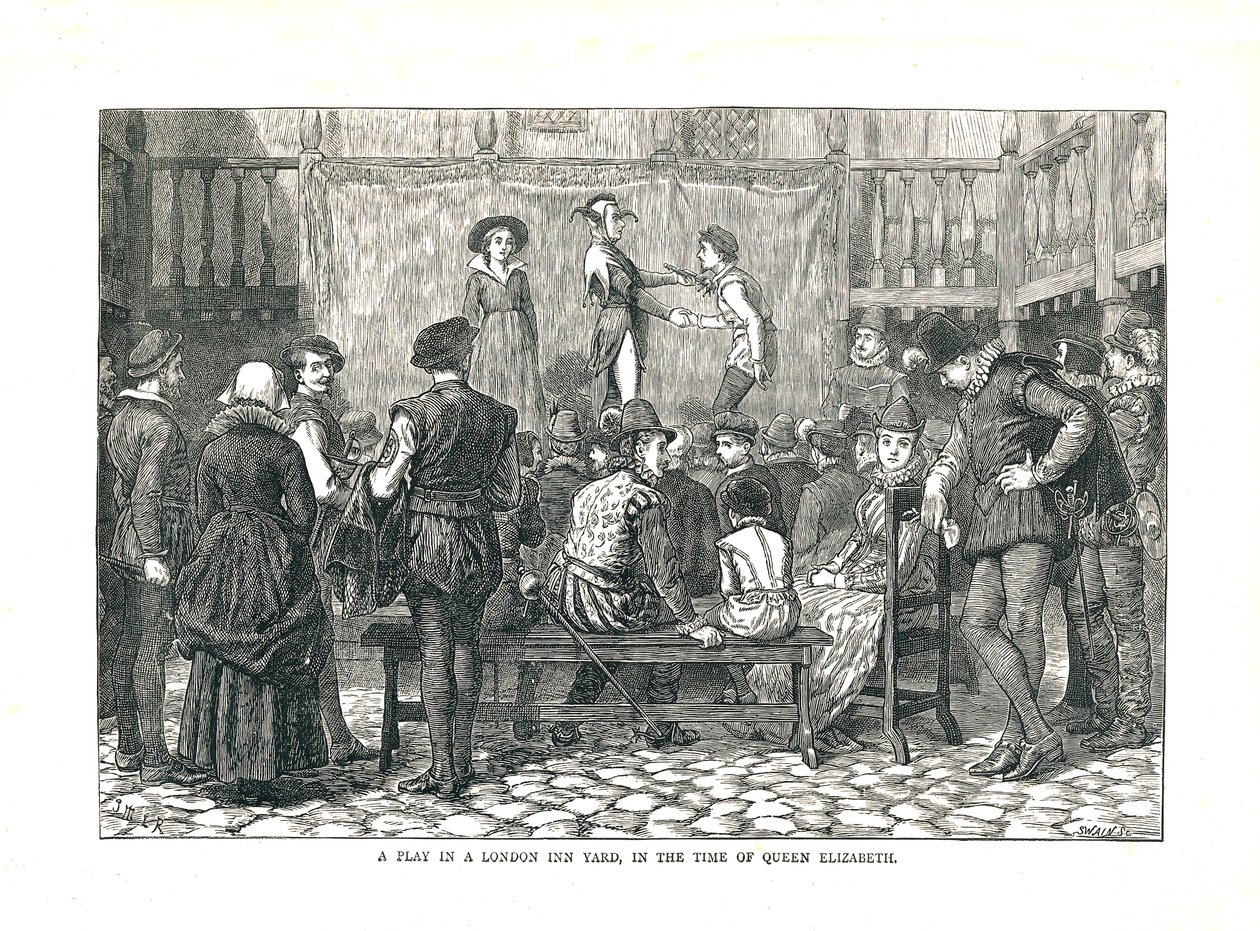 Een toneelstuk in een Elizabethaans Londens herbergplein, 1878 door Walter Thornbury
